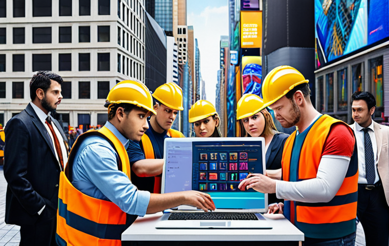**Software Safety Teamwork:** A diverse group of people (software vendor, app developer, end-user) collaboratively building a protective shield around a digital cityscape representing software. Use bright colors and a sense of shared responsibility.