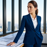 **

A successful female architect in a modern office, reviewing blueprints. She is fully clothed in a tailored pantsuit, appropriate for a professional environment. The office has large windows overlooking a cityscape. Natural light, high detail, perfect anatomy, professional, safe for work.

**