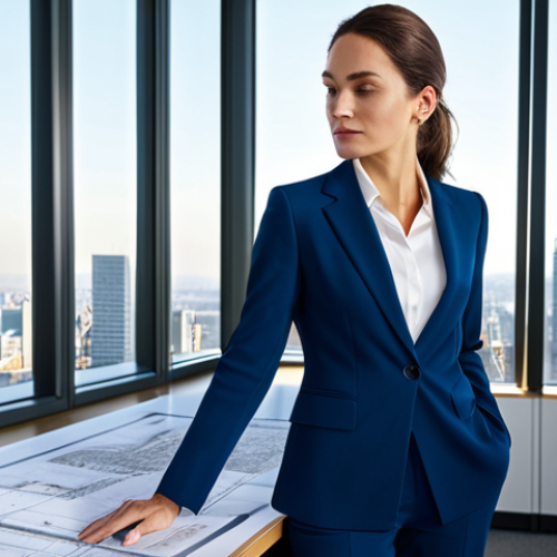**

A successful female architect in a modern office, reviewing blueprints. She is fully clothed in a tailored pantsuit, appropriate for a professional environment. The office has large windows overlooking a cityscape. Natural light, high detail, perfect anatomy, professional, safe for work.

**
