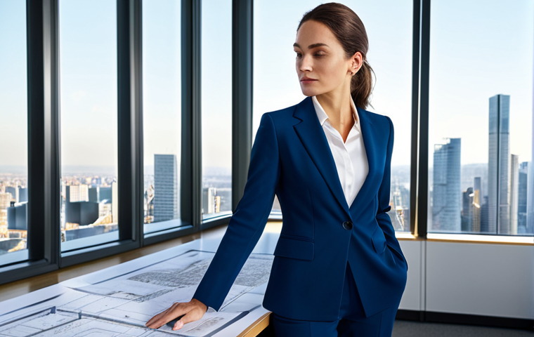 **

A successful female architect in a modern office, reviewing blueprints. She is fully clothed in a tailored pantsuit, appropriate for a professional environment. The office has large windows overlooking a cityscape. Natural light, high detail, perfect anatomy, professional, safe for work.

**