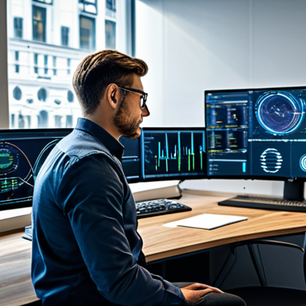 소프트웨어 공급망 보안의 정보 자산 관리 - Cybersecurity Professional at Work**
"A cybersecurity analyst, fully clothed in smart casual attire...